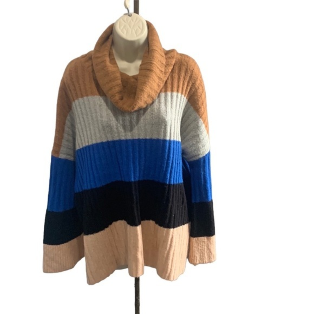 Ultra Plush Color Block Striped Cowl-neck Sweater Size L Bell Sleeves‎